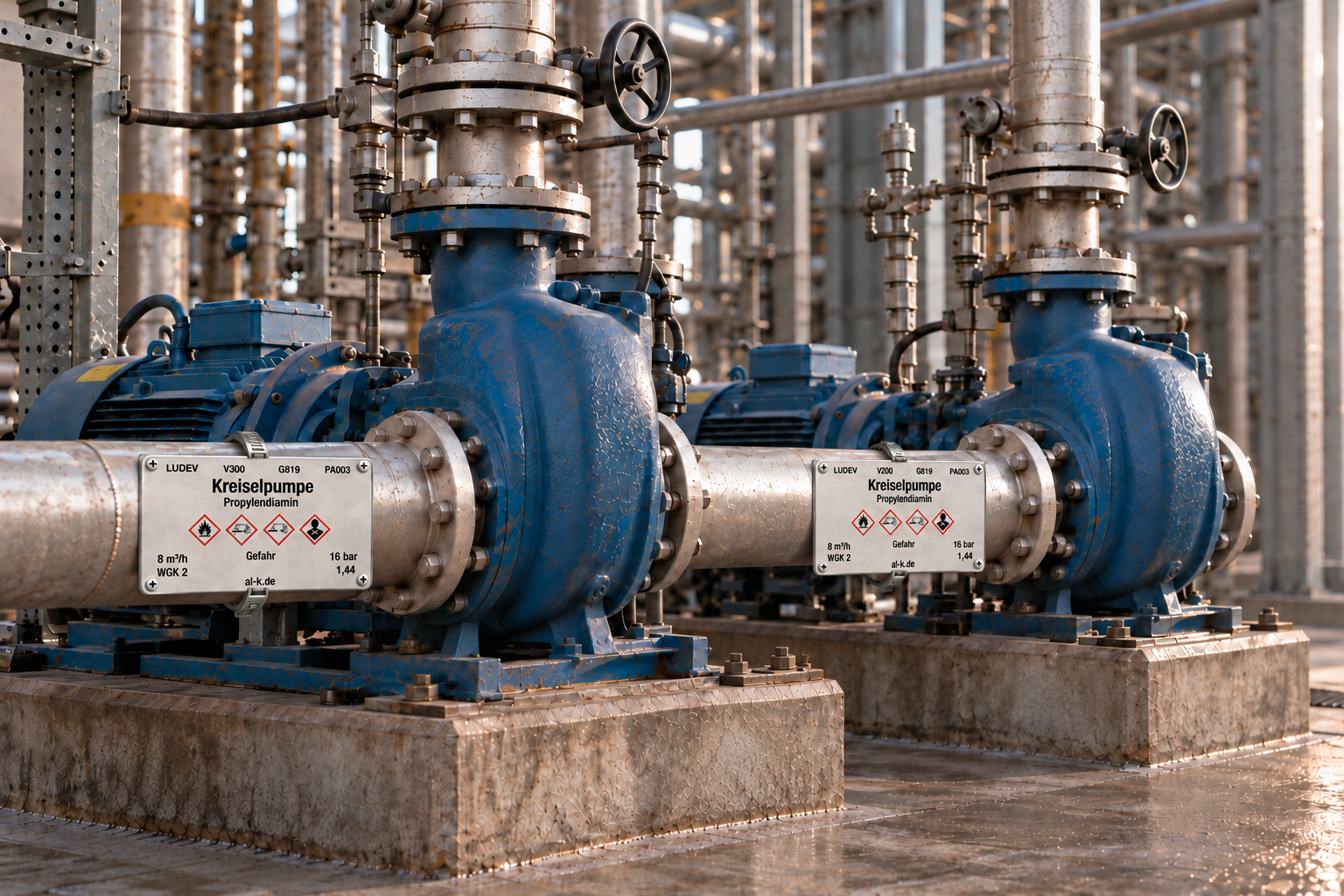 Zwei blaue Kreiselpumpen mit montierten Kennzeichnungsschildern in einer Industrieanlage.