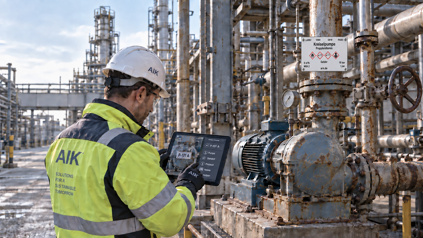 Mitarbeiter erfasst mit einem Tablet eine Kreiselpumpe in einer bestehenden Industrieanlage.