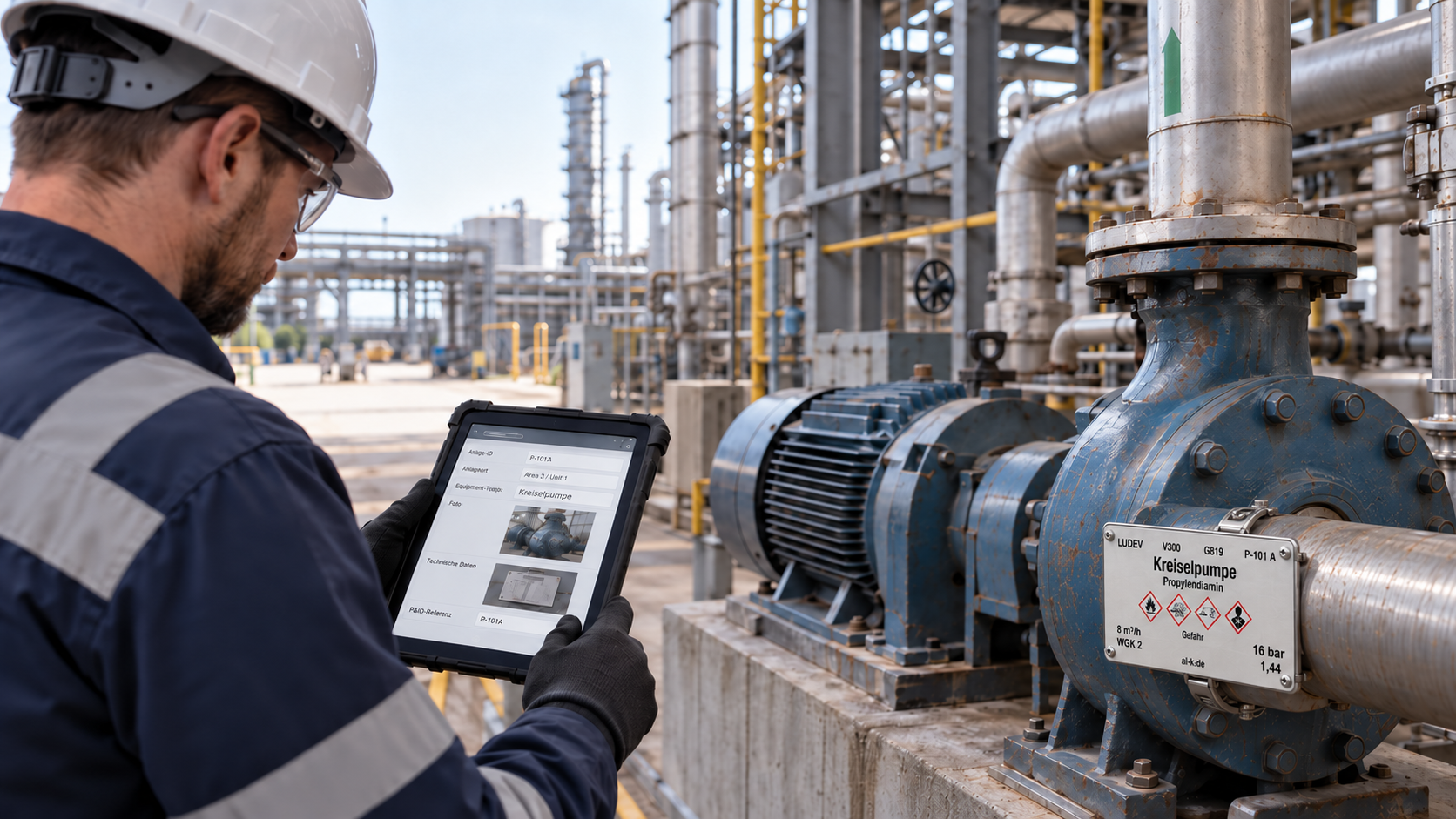 Mitarbeiter erfasst Asset-Daten einer Kreiselpumpe mit einem Tablet.