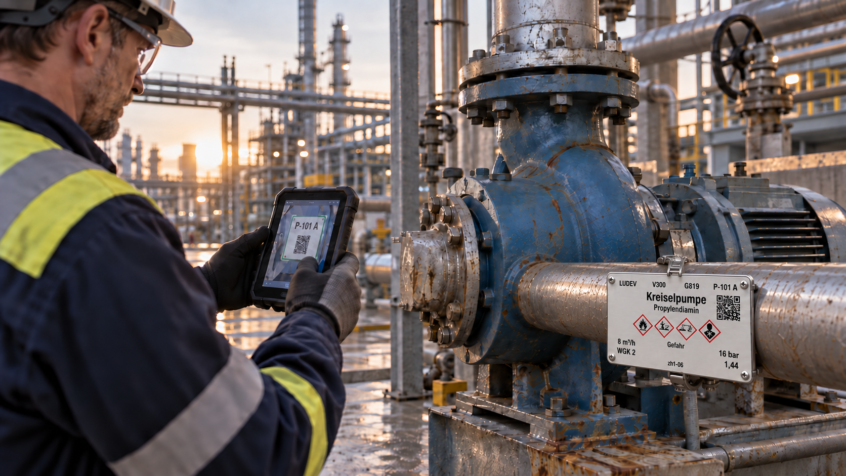 Mitarbeiter scannt mit einem Tablet den QR-Code einer gekennzeichneten Kreiselpumpe.