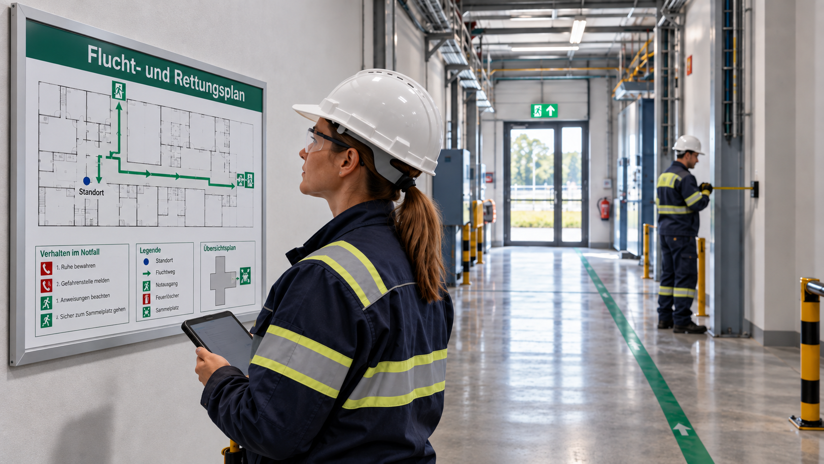 Mitarbeiterin mit Tablet prüft einen Flucht- und Rettungsplan im industriellen Betriebsbereich.