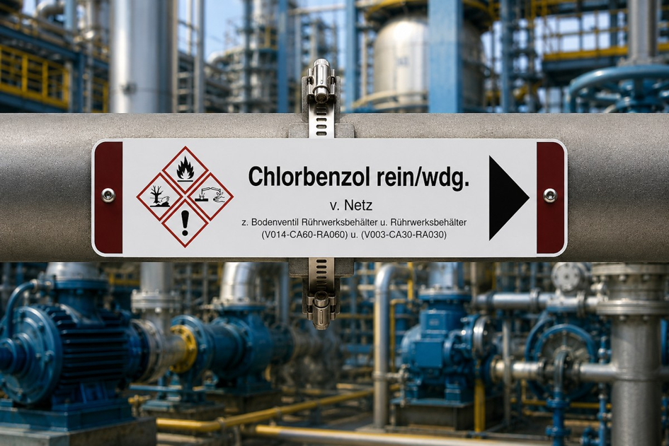 Rohrleitung mit montiertem Chlorbenzol-Kennzeichnungsschild, Gefahrensymbolen und Fließrichtungspfeil.
