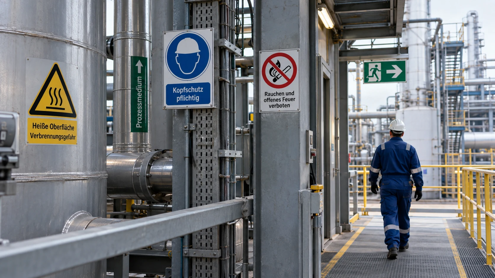 Industrieanlage mit Sicherheitskennzeichnung, Feuerlöscher, Rettungszeichen und Beschäftigten