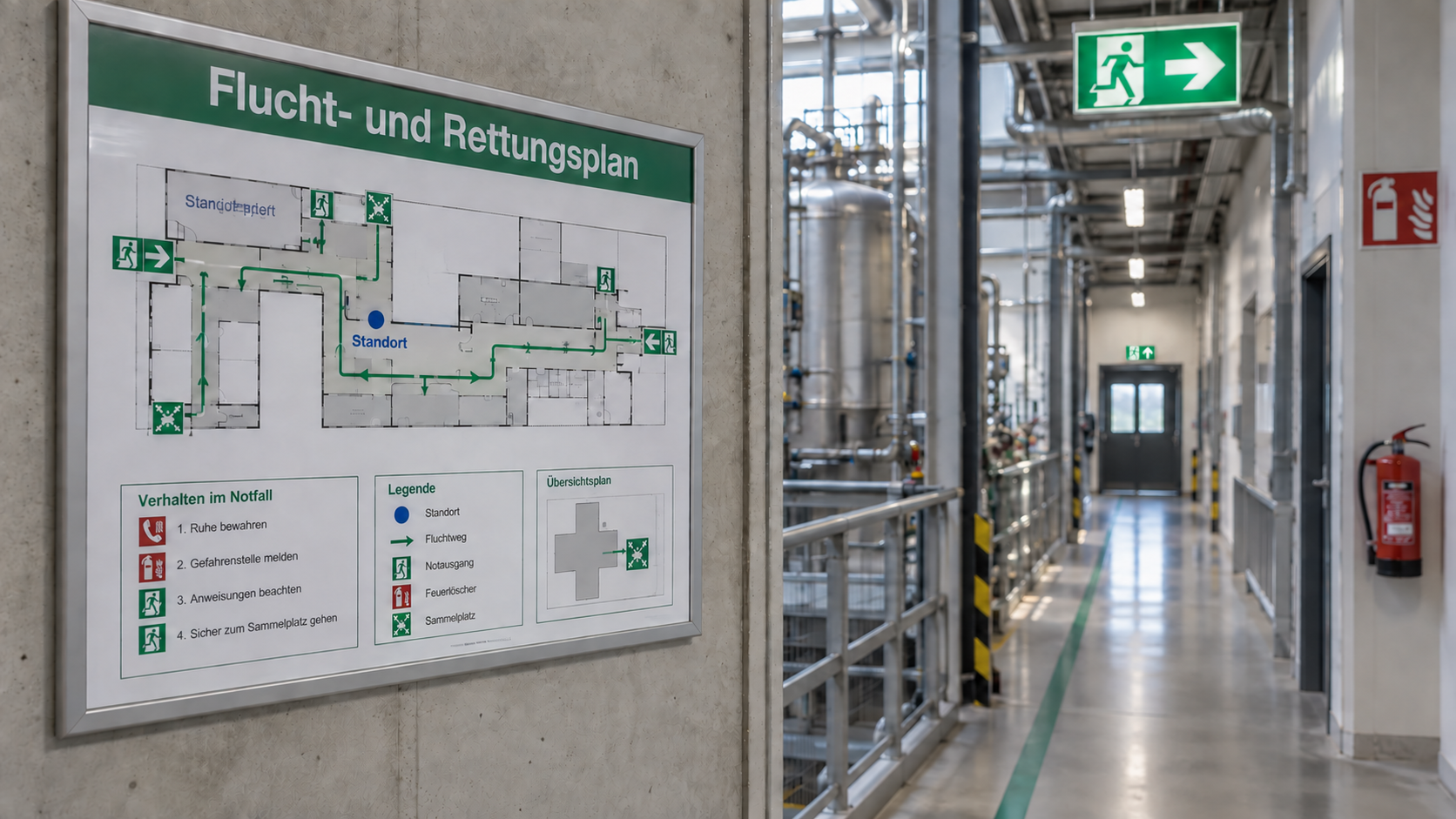 Flucht- und Rettungsplan an einer Wand neben einem gekennzeichneten Fluchtweg in einer Industrieanlage.