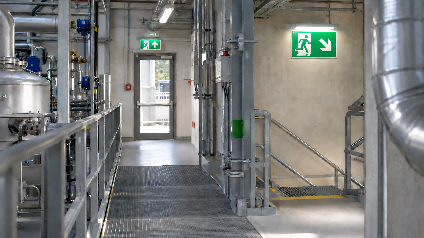 Flucht- und Rettungswegkennzeichnung entlang eines realen industriellen Fluchtwegs mit PVC-Rettungszeichen.